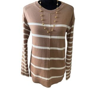 TALBOTS TAN & WHITE STRIPED 100% COTTON CREW NECK SWEATER SZ XS EUC